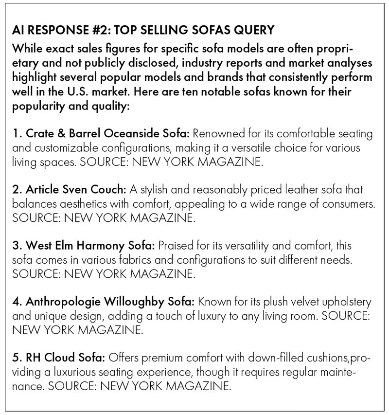 AI Response #2: Top Selling Sofas Query