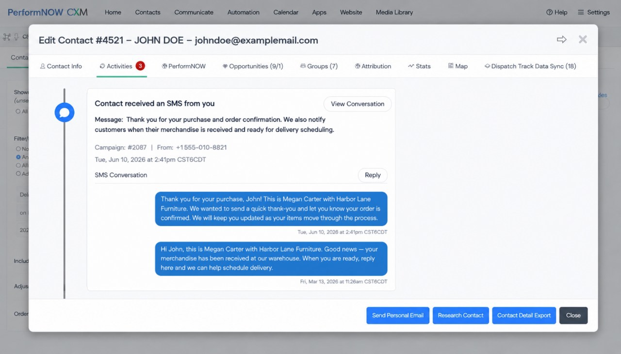 CRM-contact-edit-modal-with-SMS-conversation screenshot