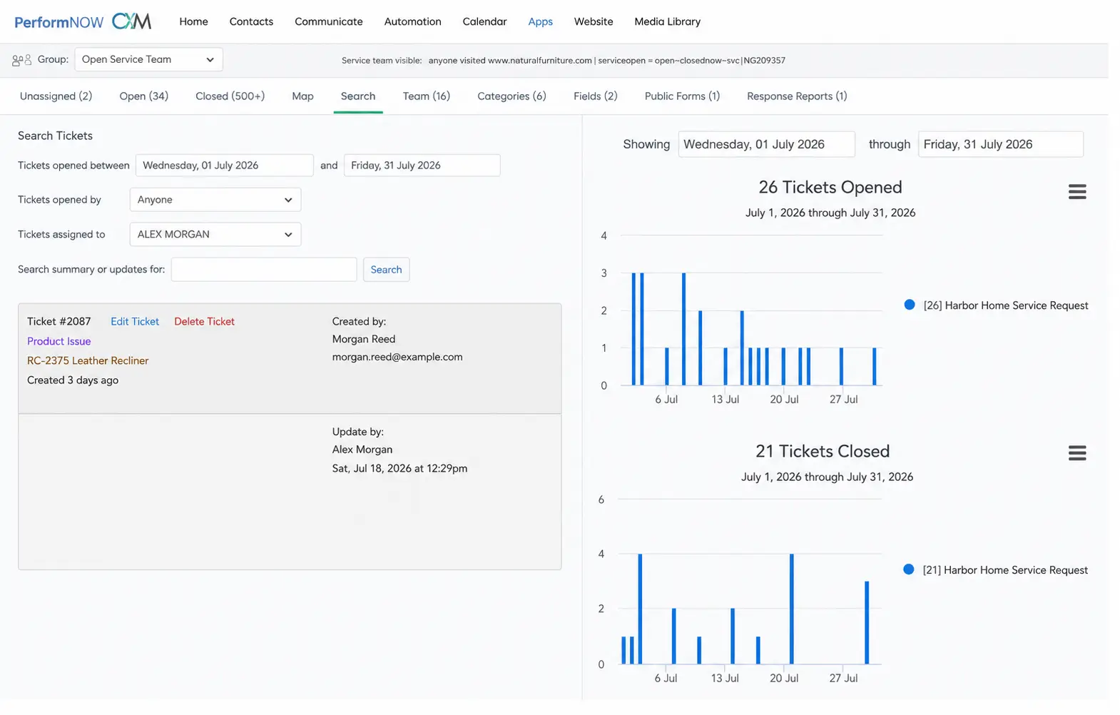 PerformNOW-CXM-service-report-interface screenshot