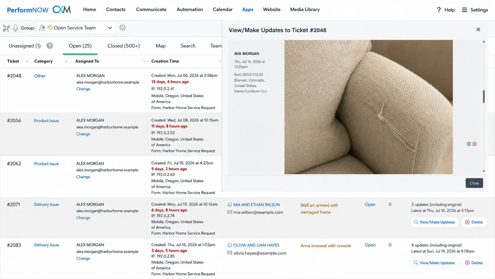 PerformNOW-CXM-service-ticket-dashboard screenshot
