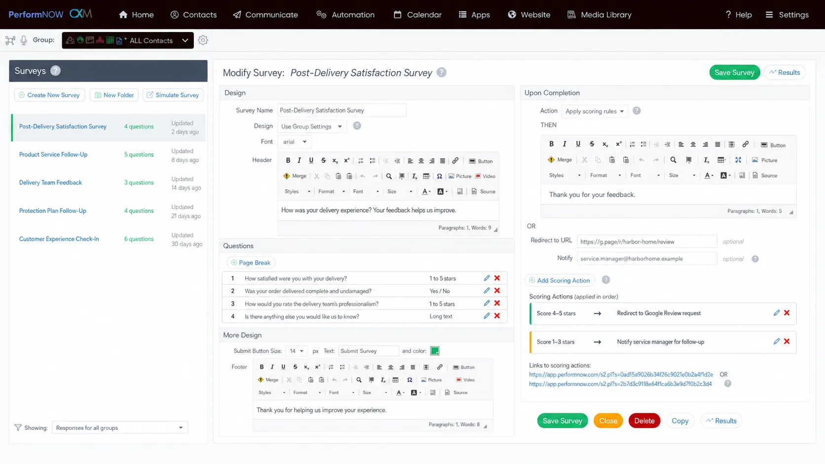PerformNOW-CXM-survey-builder-interface screenshot