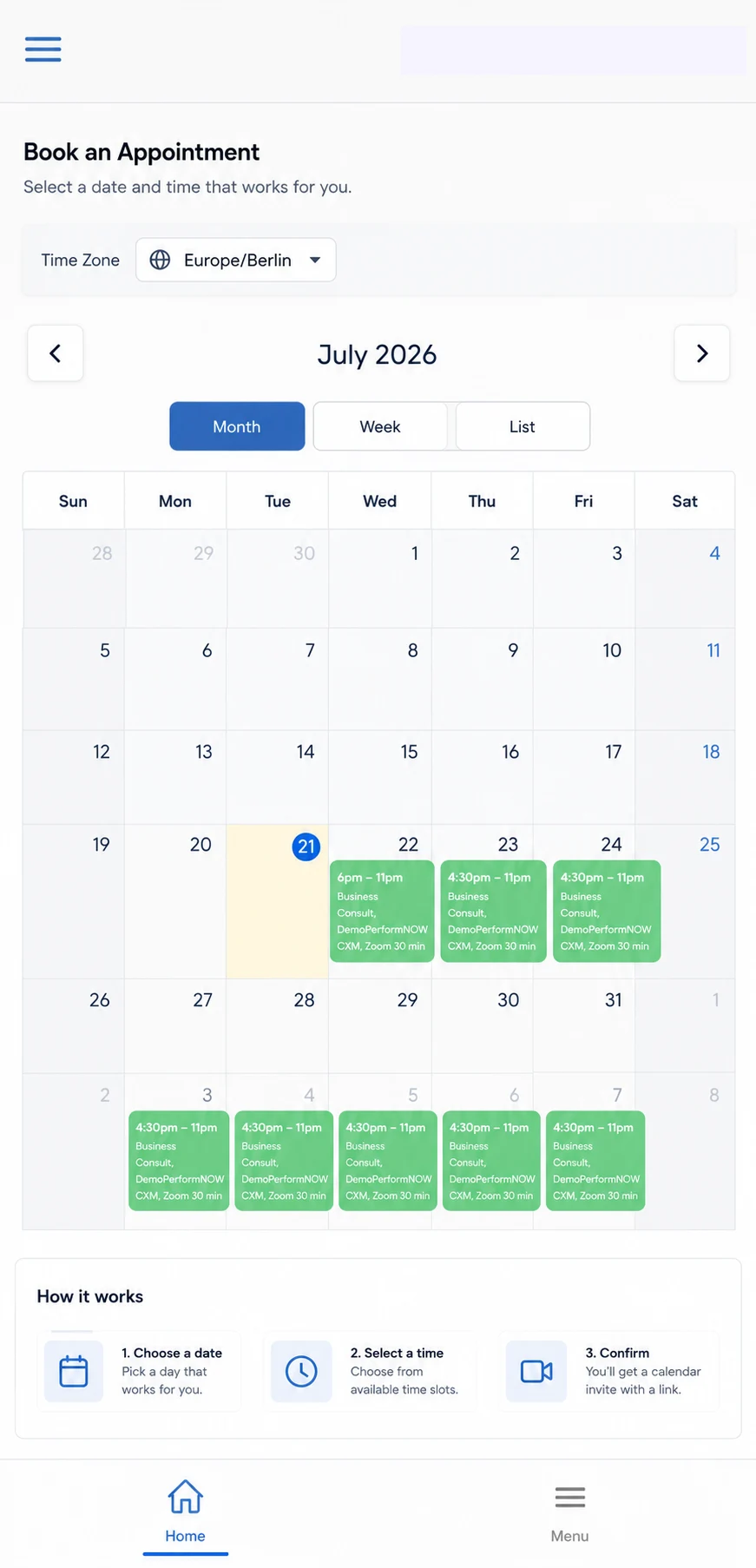 Book Me mobile interface in PerformNOW Salesperson Assistant