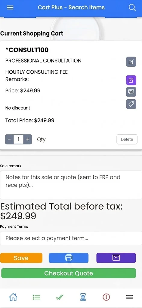 Cart Plus mobile interface in PerformNOW Salesperson Assistant