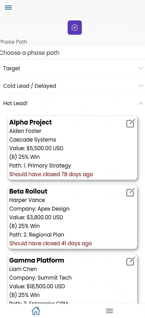 Pipeline mobile interface in PerformNOW Salesperson Assistant