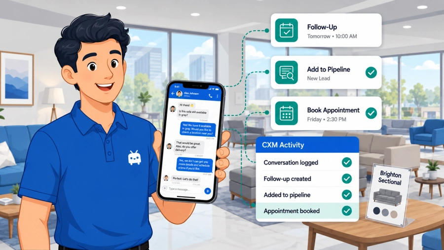 MobiChat connects website conversations to follow-up, pipeline, appointments, and PerformNOW CXM